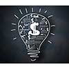 Conceptual image with drawn light bulb and business sketches
