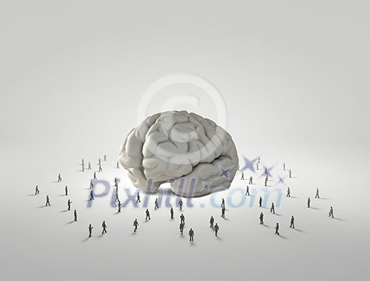 Huge human brain and many little businesspeople around Huge human brain and many little businesspeople around