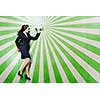 Funny businesswoman lying on floor businesswoman holding megaphone