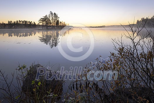 Calm lake scenery in autumn colors