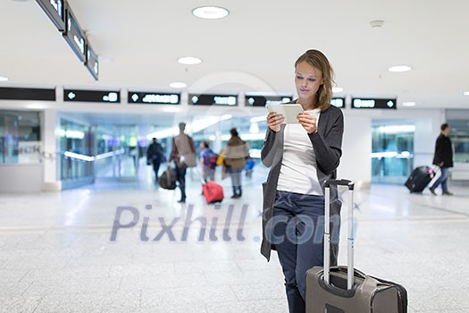 Young female passenger at the airport, using her tablet computer while waiting for her flight (color toned image)