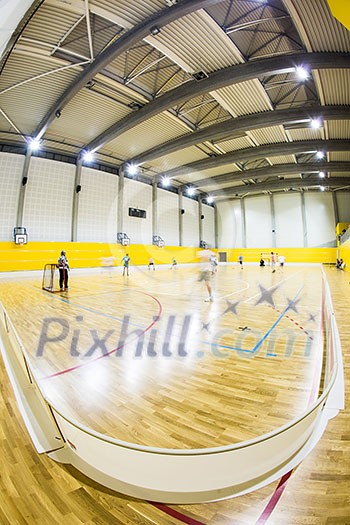 Interior of a modern multifunctional gymnasium with young people