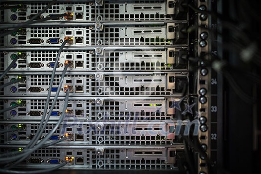 Server rack cluster in a data center (shallow DOF; color toned image)