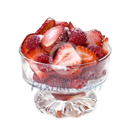 Fresh red raspberries and strawberries in glass dish isolated on white