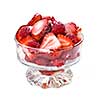 Fresh red raspberries and strawberries in glass dish isolated on white