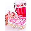 Homemade baked shortbread Valentine cookies with icing and gift boxes