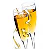 Two full champagne flutes with sparkling wine and ribbon isolated