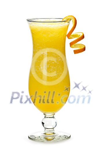 Glass of orange drink in hurricane cocktail glass Glass of orange drink in hurricane cocktail glass