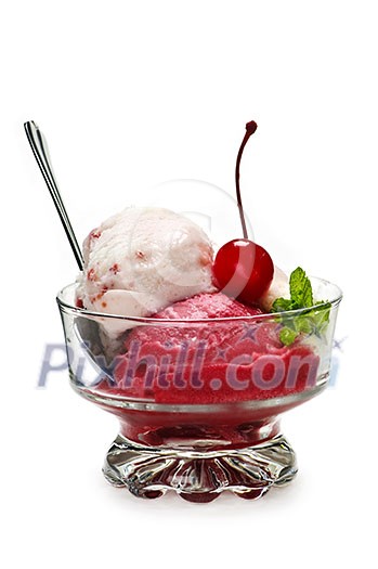 Dish of ice cream isolated on white background with spoon Dish of ice cream isolated on white background with spoon