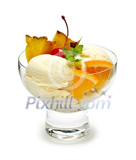 Dish of ice cream and fruit isolated on white background Dish of ice cream and fruit isolated on white background