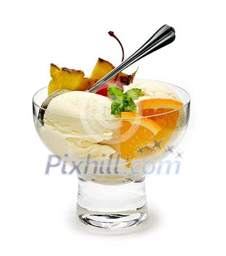 Dish of ice cream and fruit isolated on white background
