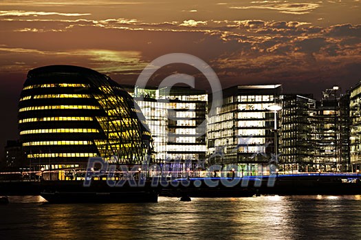 New London city hall at night from Thames river New London city hall at night from Thames river