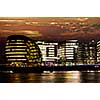 New London city hall at night from Thames river