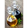 Oil and balsamic vinegar glass bottles with spouts