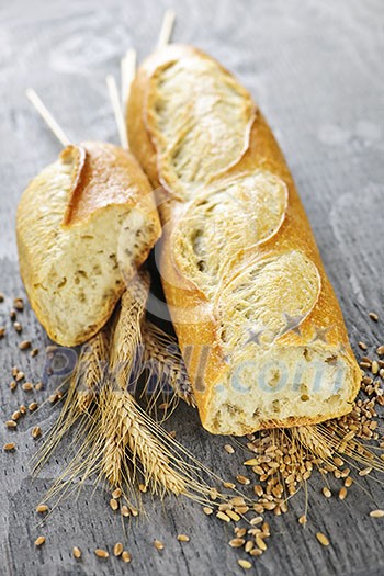 Freshly baked white baguette with wheat ears and grain Freshly baked white baguette with wheat ears and grain