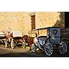 Horse drawn carriages waiting for tourists in historic Guadalajara, Jalisco, Mexico