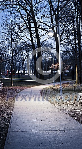 Path through city park at dusk with street lamps