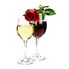 Romantic rose on top of red and white wine glasses isolated on white background