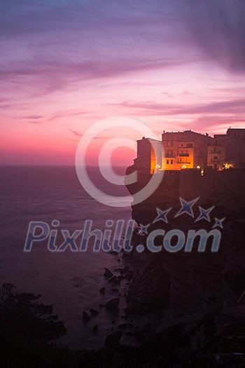 Aerial view of the Old Town of Bonifacio, the limestone cliff, South Coast of Corsica Island, France