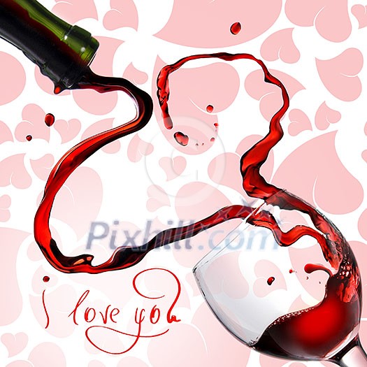Heart from pouring red wine in goblet isolated on white