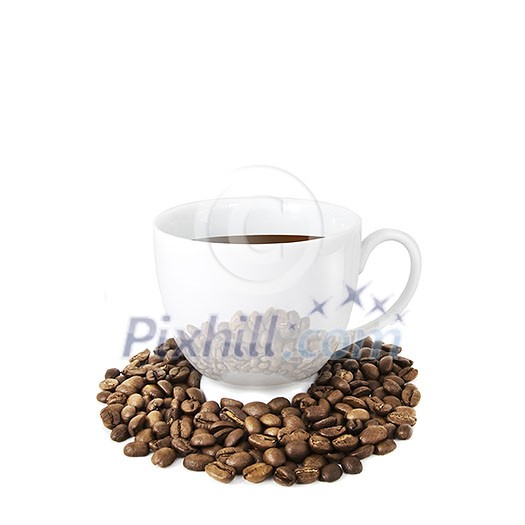 Coffee cup with coffee beans isolated on white Coffee cup with coffee beans isolated on white