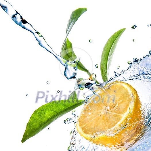 water drops on lemon with green leaves isolated on white water drops on lemon with green leaves isolated on white