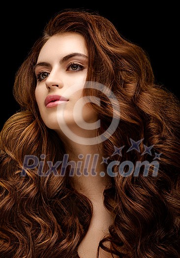 Beautiful redhead girl with evening make-up and long wavy shiny hair. Fashion photo. Beauty portrait. Headshot. Picture taken in the studio on a black background. Natural beauty. Beautiful redhead girl with evening make-up and long wavy shiny hair. Fashion photo. Beauty portrait. Headshot. Picture taken in the studio on a black background. Natural beauty.