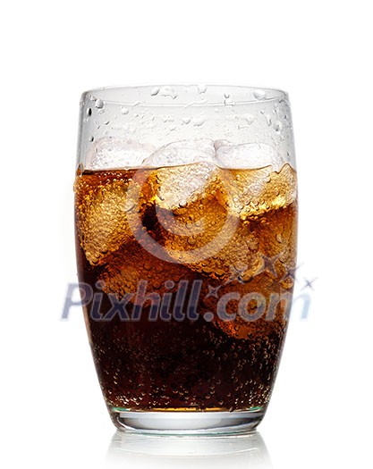 Glass of cola with ice on white background