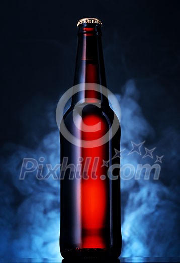 Bottle of beer on a dark background. Mysterious background with smoke. Bottle of beer on a dark background. Mysterious background with smoke.