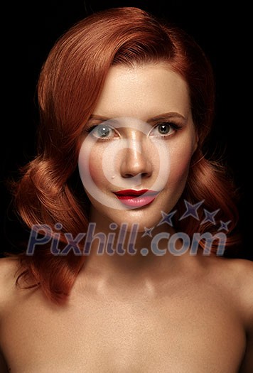Portrait of young sexual smiling redhead naked girl with red lips and long curly hair Portrait of young sexual smiling redhead naked girl with red lips and long curly hair
