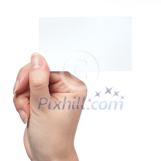 Woman hand holding empty visiting card isolated on white Woman hand holding empty visiting card isolated on white