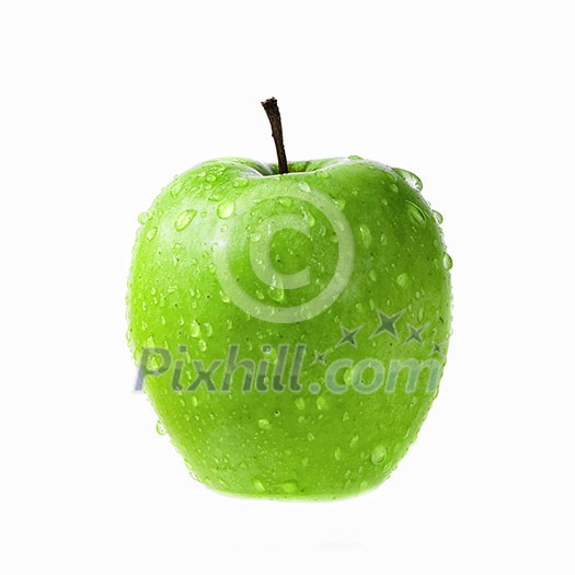 green apple with drops of water isolated on white
