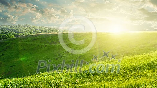 summer landscape on sunset with green field and buautiful clouds. Header for website