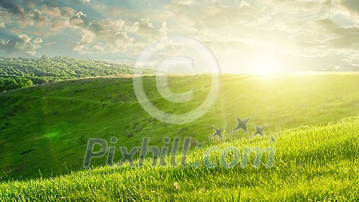 summer landscape on sunset with green field and buautiful clouds. Header for website summer landscape on sunset with green field and buautiful clouds. Header for website