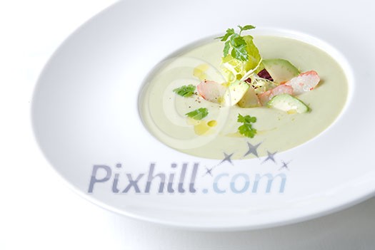 cold soup with crab on the plate cold soup with crab on the plate