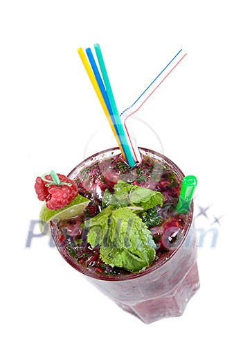 Energy mohito with mint, lime and raspberry isolated on white