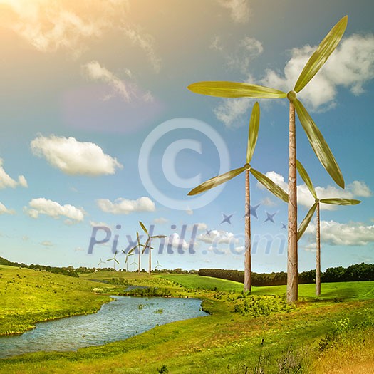Green energy concept - natural wind generator turbines on summer landscape Green energy concept - natural wind generator turbines on summer landscape