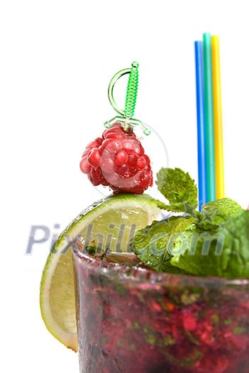 Energy mohito with mint, lime and raspberry isolated on white