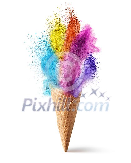 Wafer cone with colored powder explosion isolated on white Wafer cone with colored powder explosion isolated on white