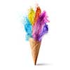 Wafer cone with colored powder explosion isolated on white