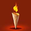 Sweet wafer cone with fire on red background. Side view.