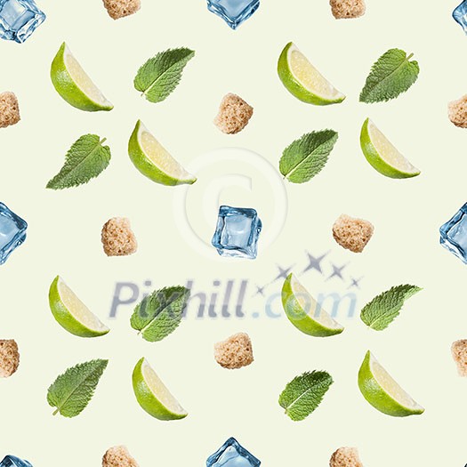 Seamless pattern. Lime, mint, sugar and ice cube on a white background. Seamless pattern. Lime, mint, sugar and ice cube on a white background.