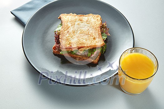 plate with grilled sandwich and orange juice on white table plate with grilled sandwich and orange juice on white table