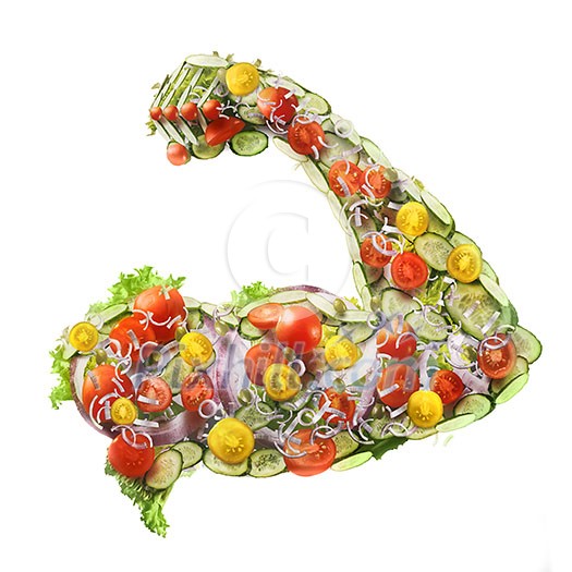power fresh salad in the form of a man's muscular hand isolated on a white background