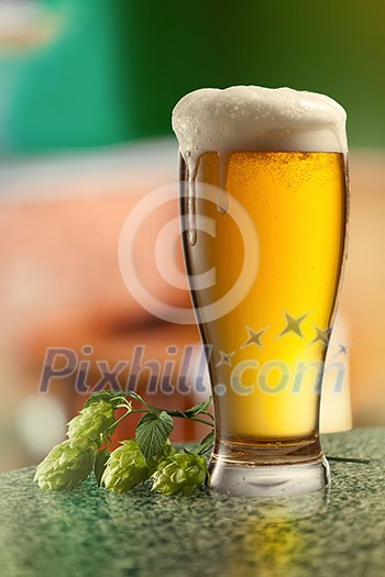 Glass of beer and hops on a Empty wooden table against green natural background Glass of beer and hops on a Empty wooden table against green natural background