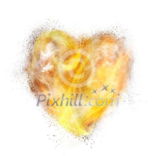 heart made of powder explosion, fire and smoke isolated on white background