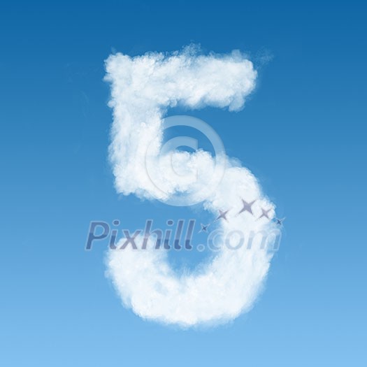 number five made of white clouds on blue background, not render. Concept idea number five made of white clouds on blue background, not render. Concept idea