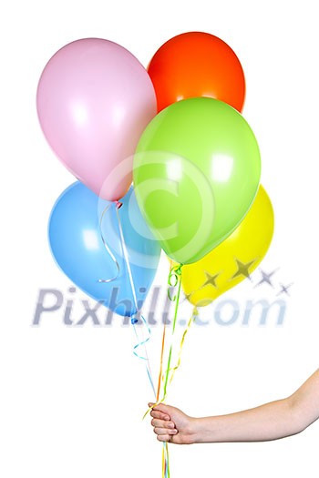 Hand holding colorful helium balloons isolated on white background Hand holding colorful helium balloons isolated on white background