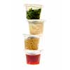 Relish mustard ketchup and mayonnaise condiments in clear containers stacked on white background