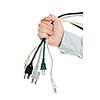 Hand holding bundle of power cables isolated on white background